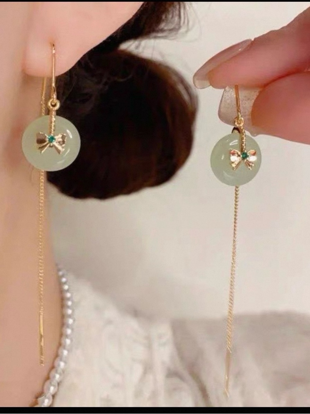 Gold-Accent Light Green Jade Drop Earrings with Bow Detail